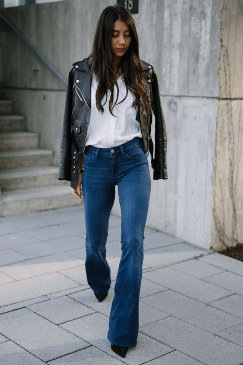 Urban Classic: Blue Flare Jeans with Button-Down and Moto Jacket — Flare Leggings Outfits