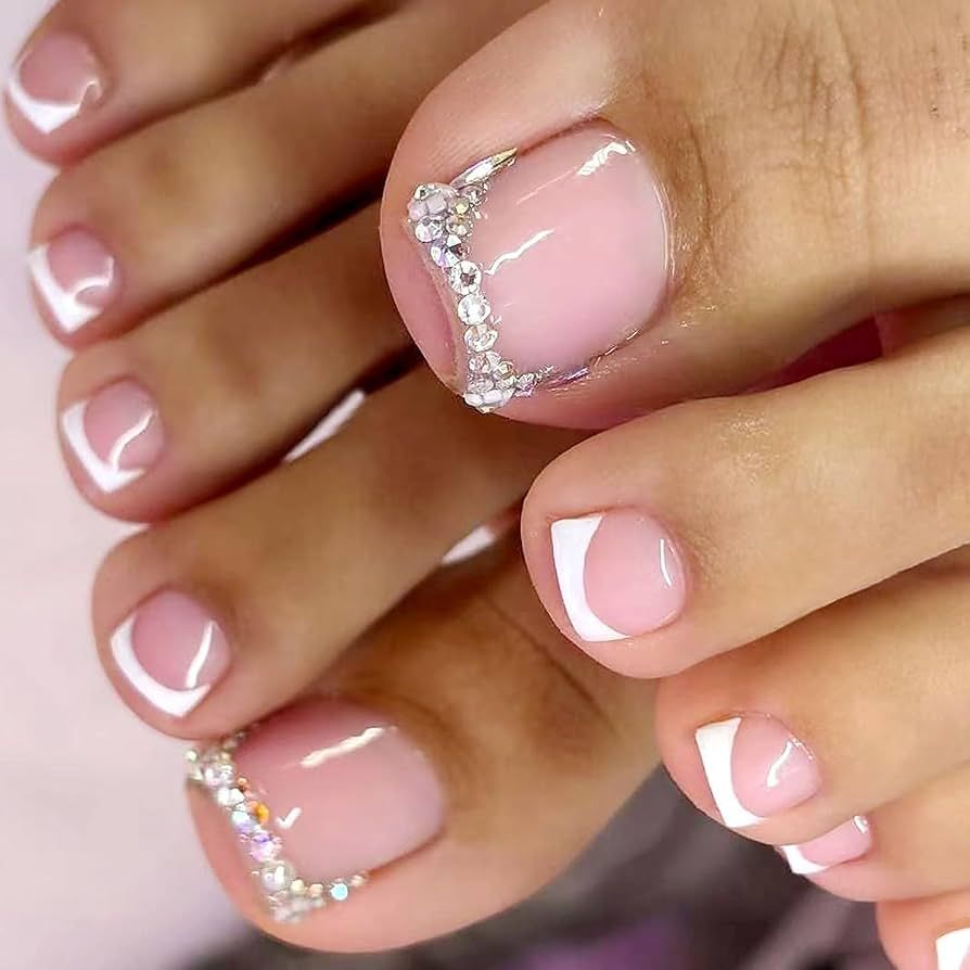 Rhinestone French Tip Accents — Winter Toe Nails