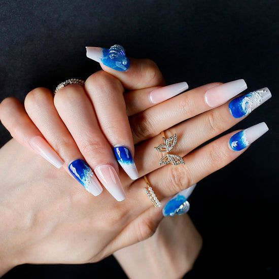 Navy Wave Design Medium Coffin Nails Navy Wave Design Medium Coffin Nails β Navy Blue Nails