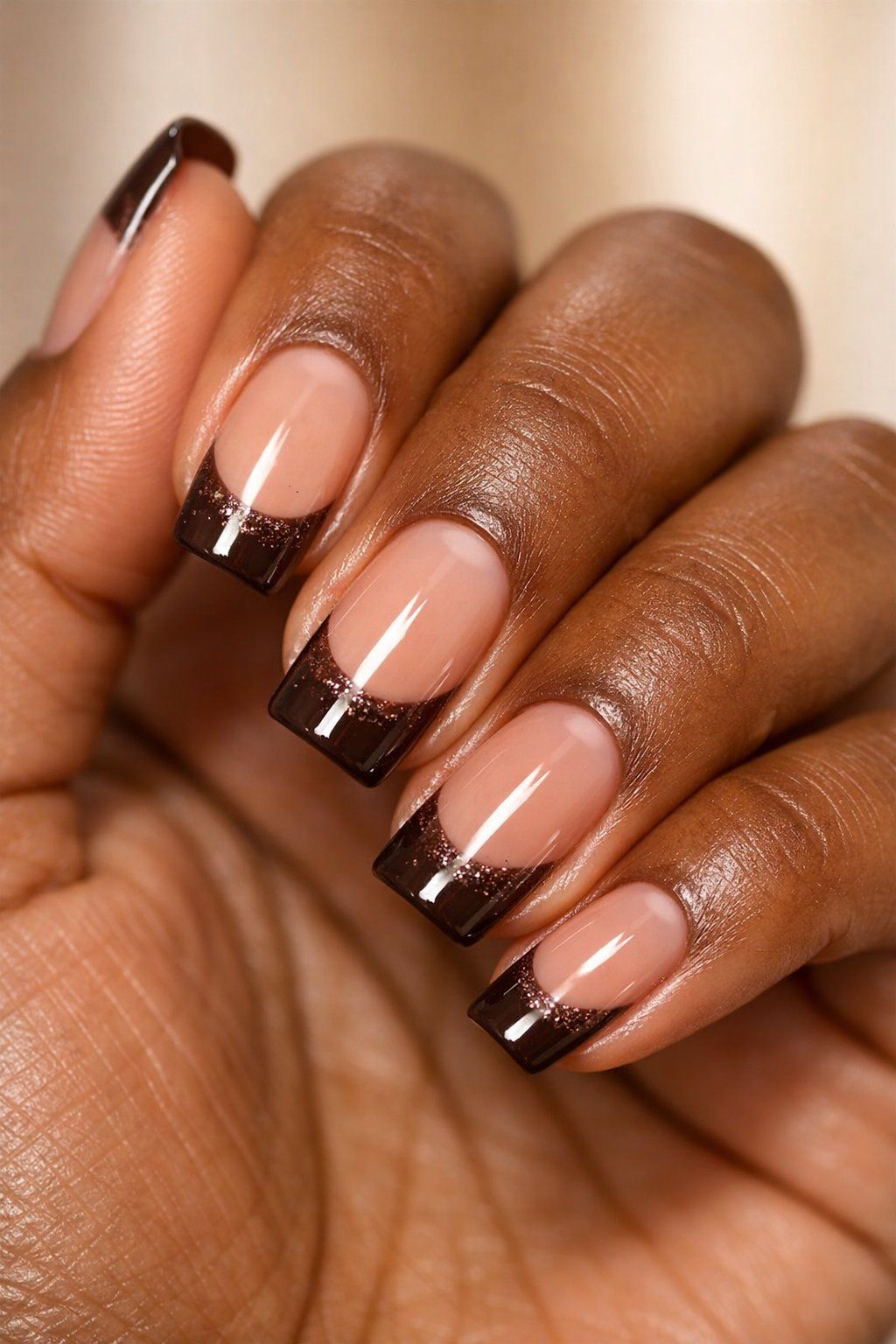 Nude Base Brown Glitter French Tips Nude Base Brown Glitter French Tips β Winter Nail Colors for Dark Skin