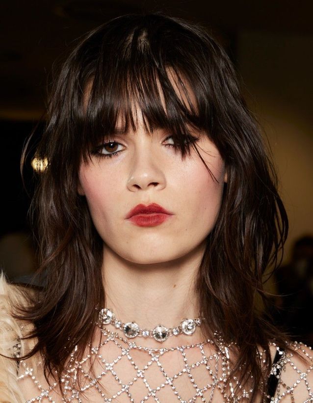 Dark Brown Shag With Wispy Bangs Dark Brown Shag With Wispy Bangs β Winter Shoulder Length Hairstyles