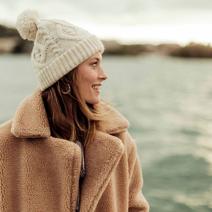 Cable Knit Beanie with Pompom and Teddy Coat Cable Knit Beanie with Pompom and Teddy Coat β Beanie Outfits