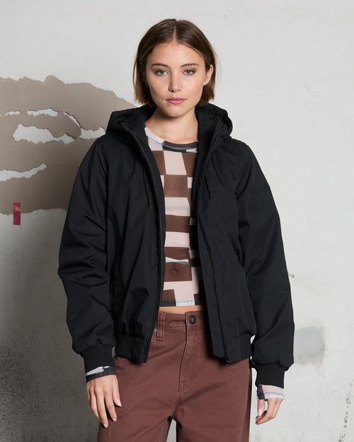Black Hooded Bomber Jacket and Patterned Top — Winter Jackets for Women