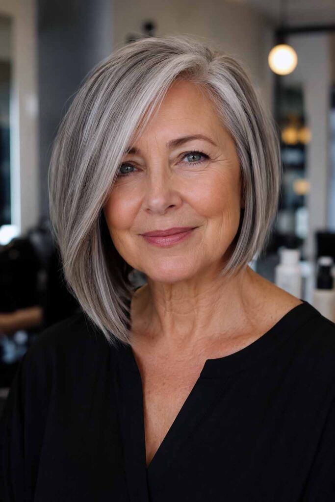 Sharp Salt and Pepper Bob — Winter Haircuts for Women Over 60