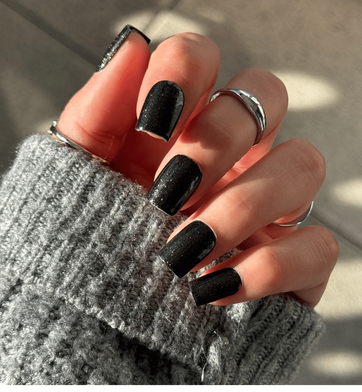 Glossy Black With Glitter Tips — Winter Black Nails