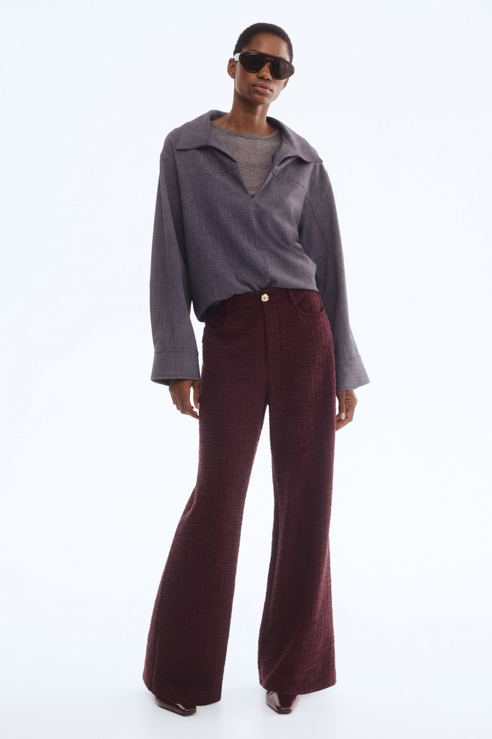Textured Burgundy Flared Trousers Ground a Casual Grey Layered Top Textured Burgundy Flared Trousers Ground a Casual Grey Layered Top β Burgundy Outfits