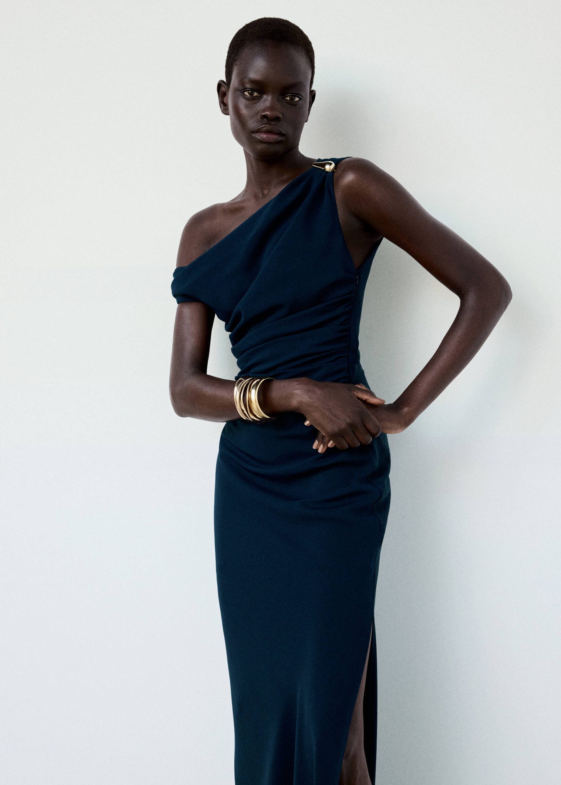 One-Shoulder Draped Dress with Gold Embellishment One-Shoulder Draped Dress with Gold Embellishment β Winter Date Night Outfits