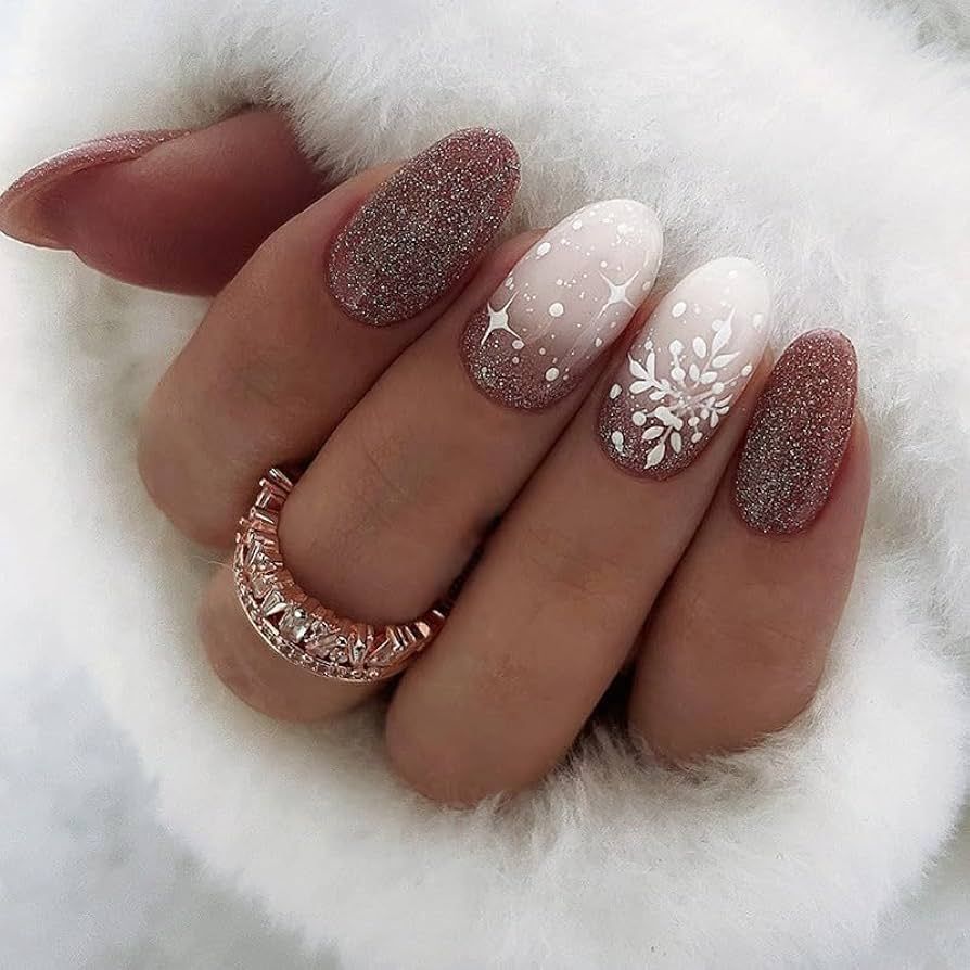 Nude Glitter Brown Snowflake Almond Nails — Christmas Nails for Women Over 50 2026