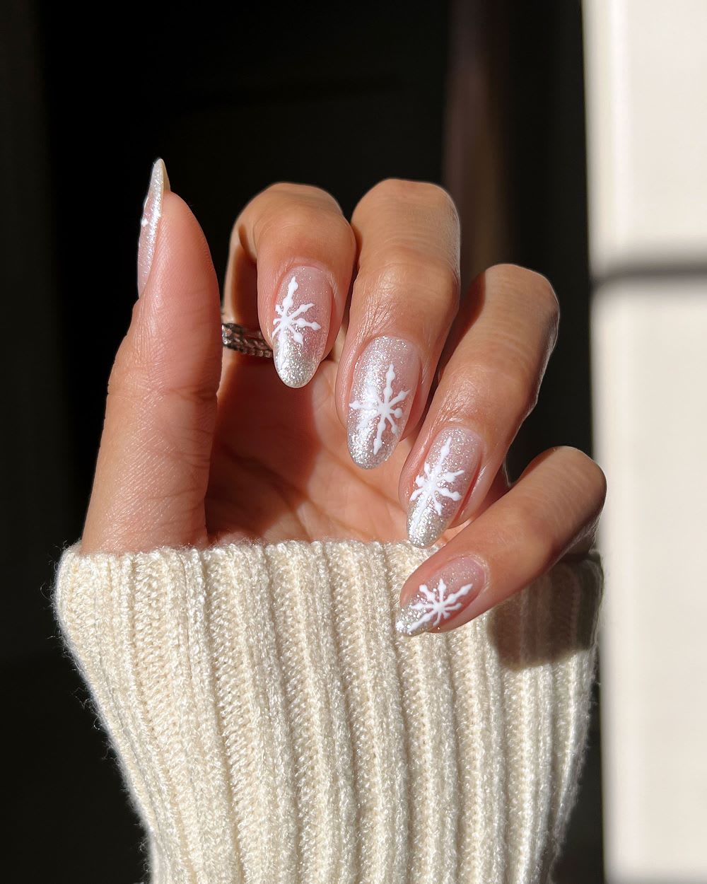 Sheer Nude Glitter Snowflake Nails Sheer Nude Glitter Snowflake Nails โ Winter Wonderland Nails