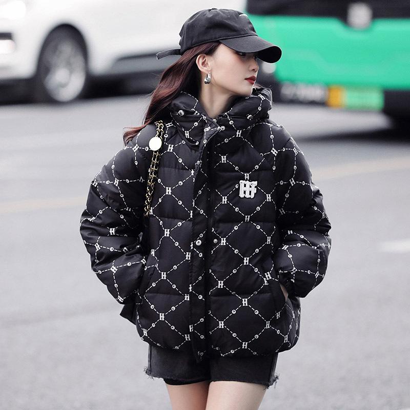 Patterned Puffer Jacket with Denim Shorts — Korean Winter Outfits