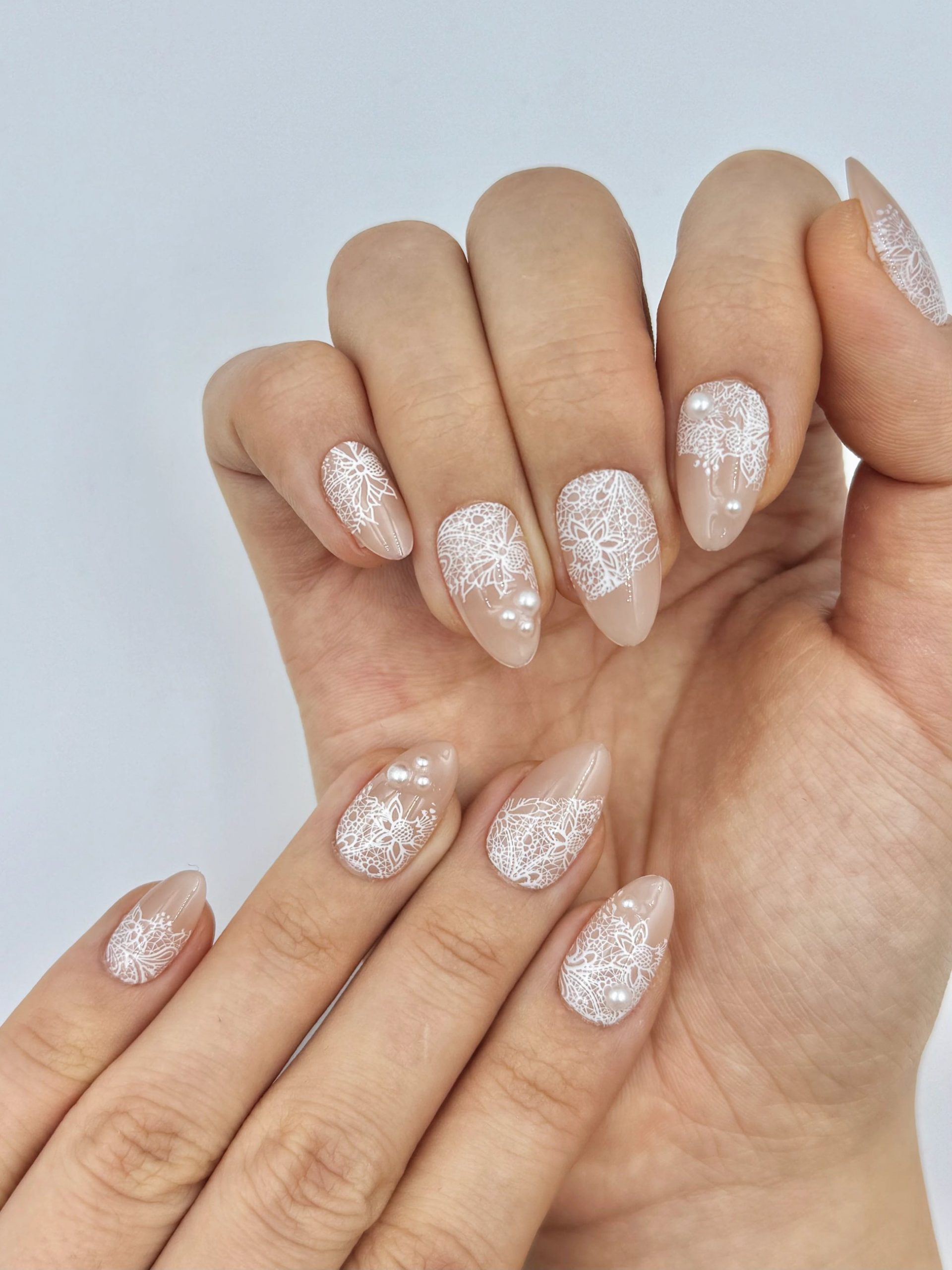 Nude Lace and Pearl Almond Nails Nude Lace and Pearl Almond Nails โ Short Winter Almond Nails