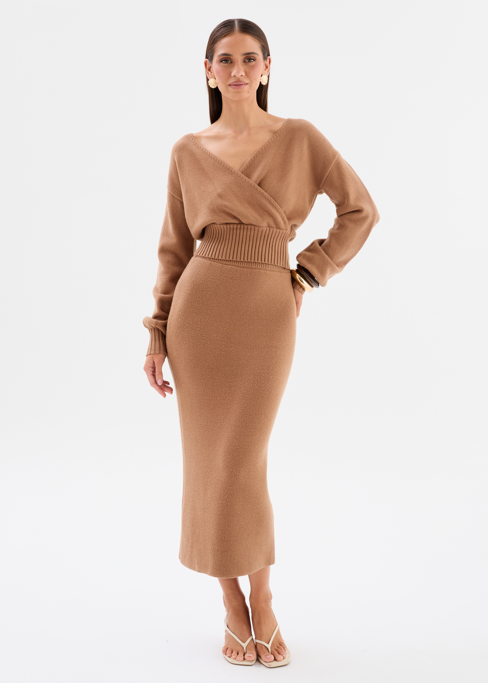 Camel Ribbed Knit Set with Wrap Top and Pencil Skirt Camel Ribbed Knit Set with Wrap Top and Pencil Skirt โ Knit Set Outfits