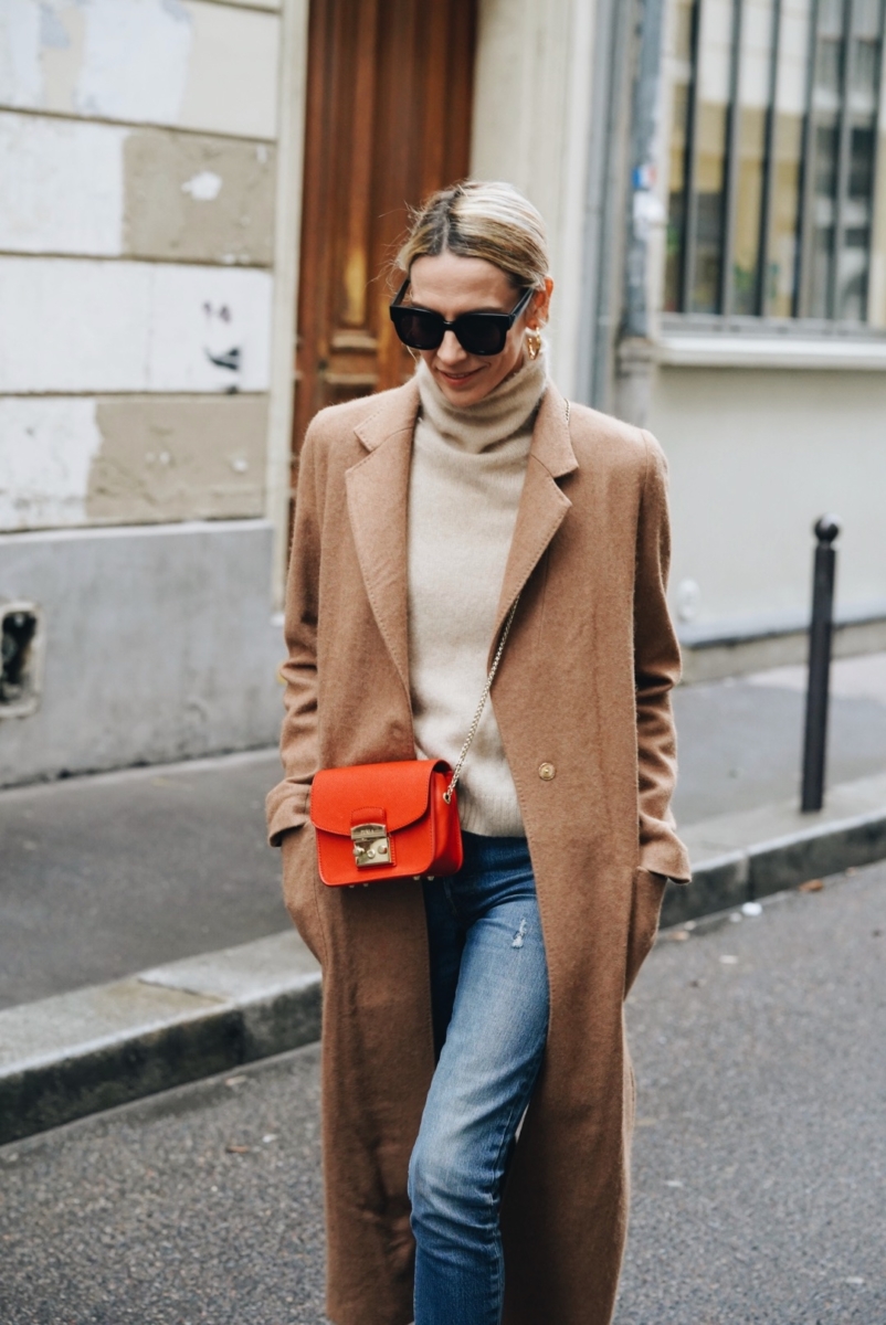 Camel Wool Coat with Orange Crossbody Bag and White Sneakers — Wool Coat Outfits