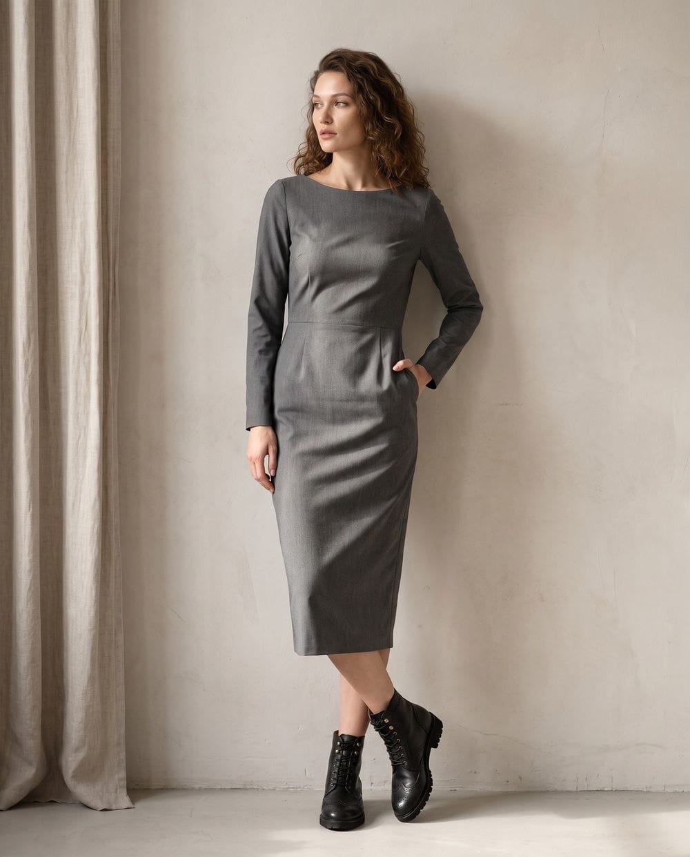 Lug Sole Ankle Boots with a Grey Sheath Dress Lug Sole Ankle Boots with a Grey Sheath Dress β Ankle Boots Outfits