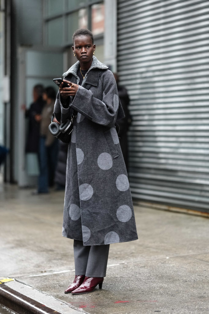 Polka Dot Coat and Burgundy Boots for a Smart Casual Statement — NYC Winter Outfits