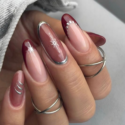 Silver Starburst French Almond Nails Silver Starburst French Almond Nails β Simple New Years Nails 2027
