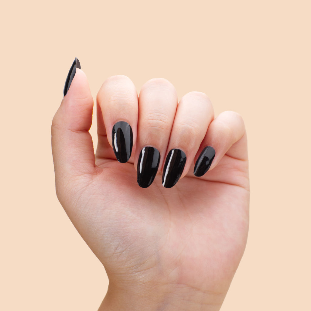 Deep Glossy Black Medium Almond Nails — Winter Black Nails