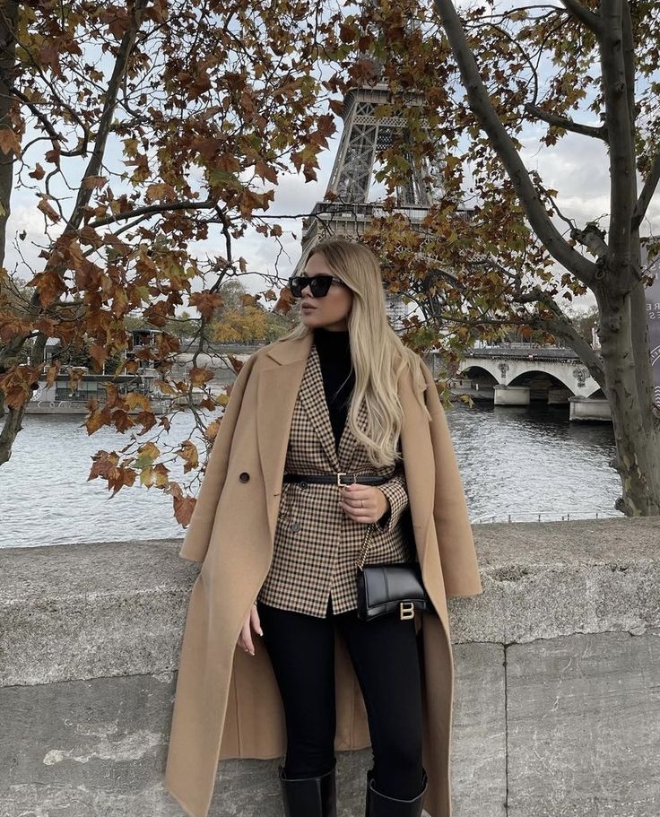 Camel Coat, Plaid Blazer, and Fitted Trousers Camel Coat, Plaid Blazer, and Fitted Trousers β Preppy Winter Outfits