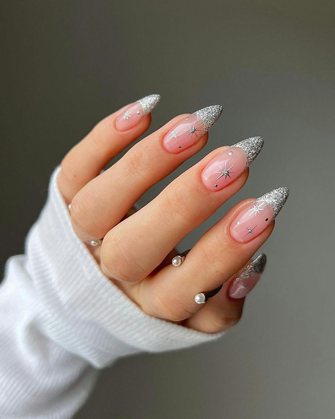 Festive Silver Glitter French Almond Nails Festive Silver Glitter French Almond Nails β Winter Ombre Nails
