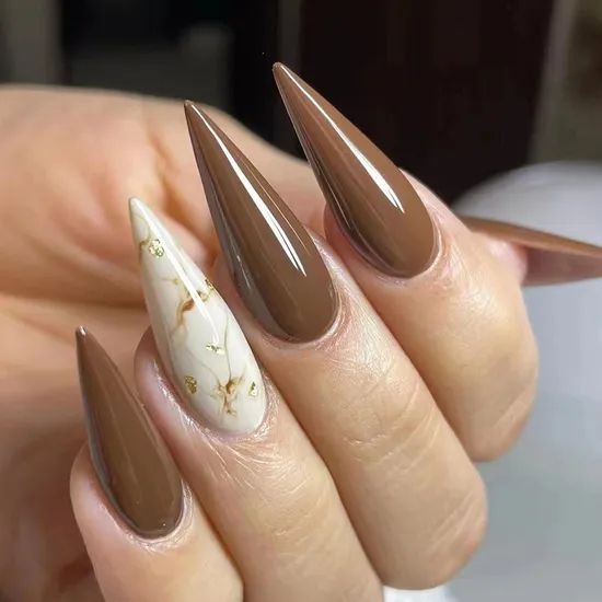 Medium Brown Marble Gold Leaf Stiletto Medium Brown Marble Gold Leaf Stiletto β Long Winter Nails