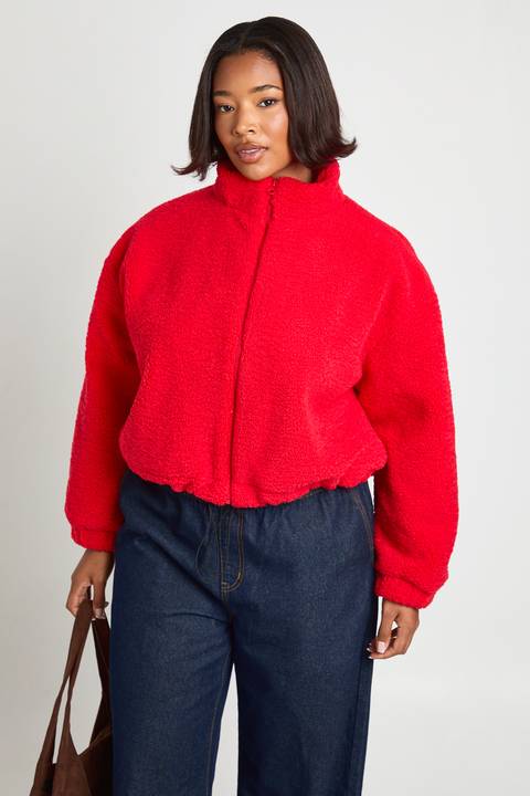 Vibrant Red Teddy Jacket with Denim — Teddy Coat Outfits