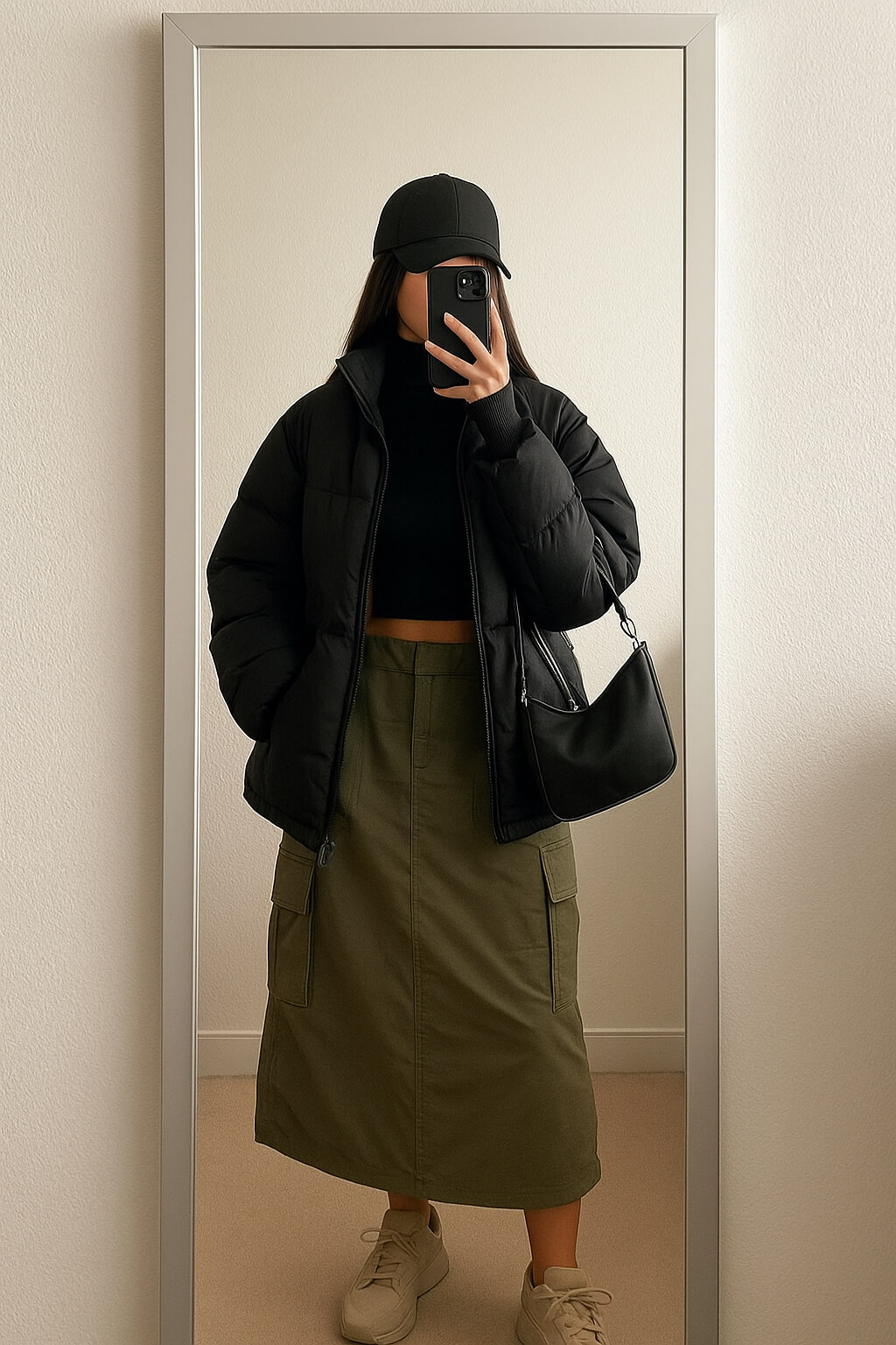 Black Puffer Jacket with Olive Cargo Skirt for Daytime Black Puffer Jacket with Olive Cargo Skirt for Daytime β Classy Winter Outfits