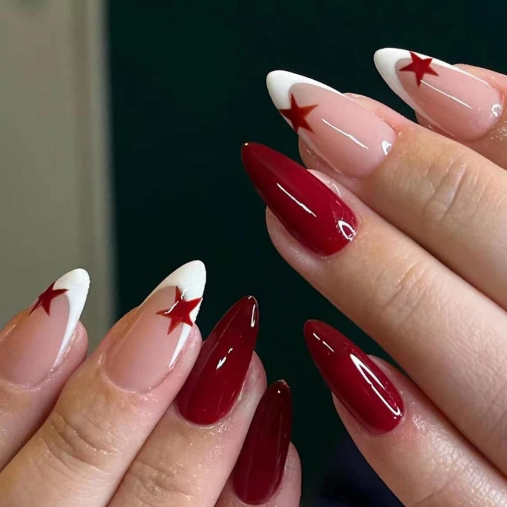 Almond French Manicure with Red Stars Almond French Manicure with Red Stars β Christmas Acrylic Nails 2026