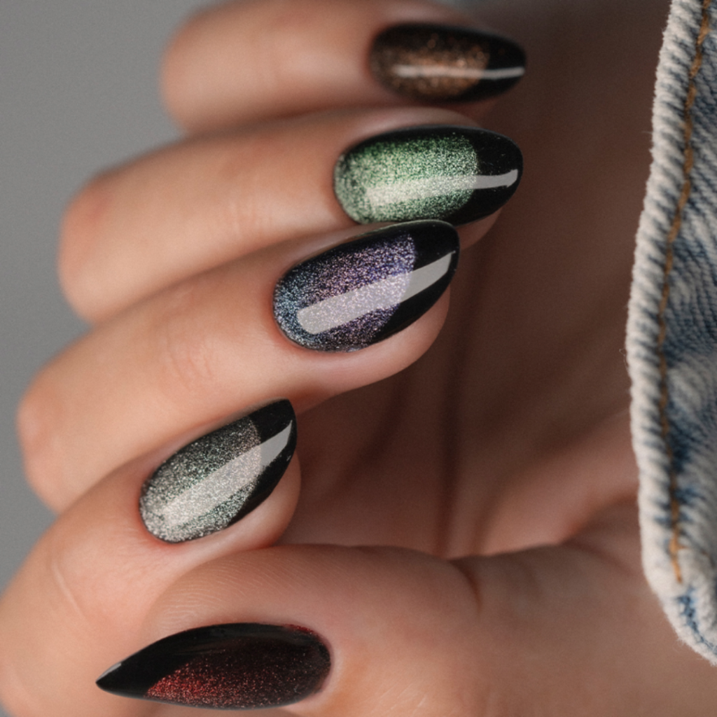 Shifting Green Purple Brown Cat-Eye — Winter Gel Nails