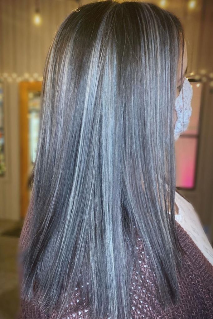 Dark Gray Lob With Silver and Ash Blonde Dark Gray Lob With Silver and Ash Blonde β Gray Blending Highlights