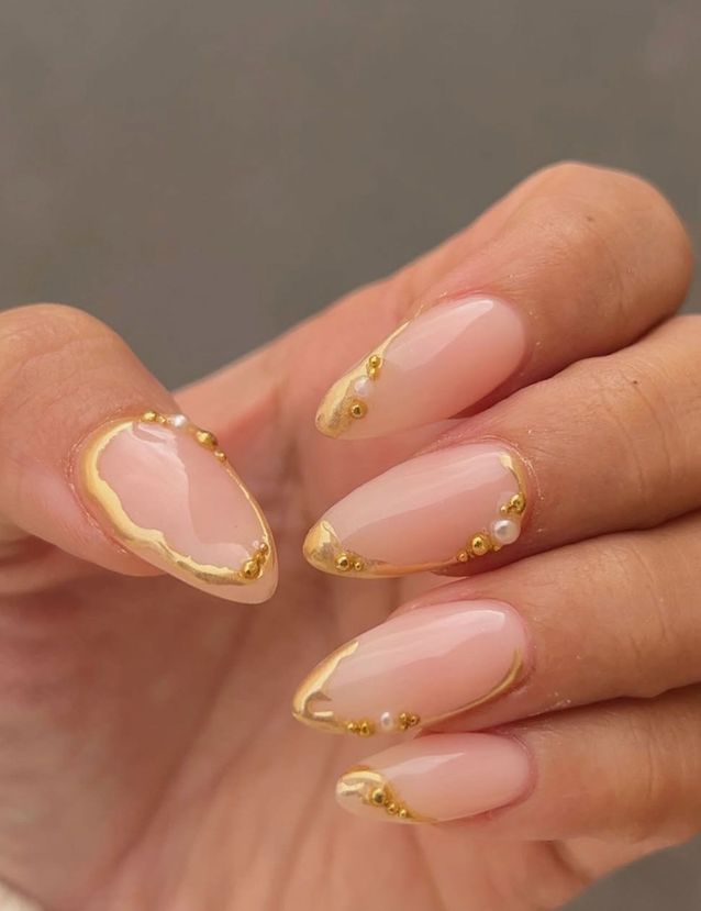 Gold French Tip Pearl Accent Almond Nails — Winter Gold Nails