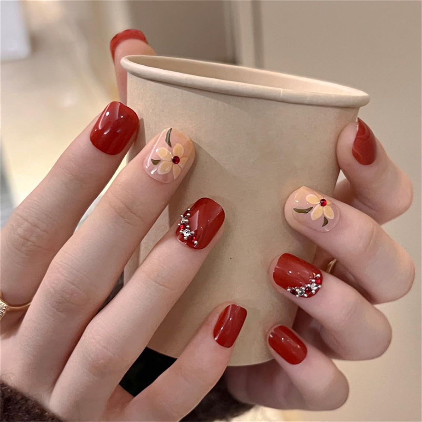 Glossy Red with Pale Yellow Floral Accents Glossy Red with Pale Yellow Floral Accents β New Years Square Nails 2027