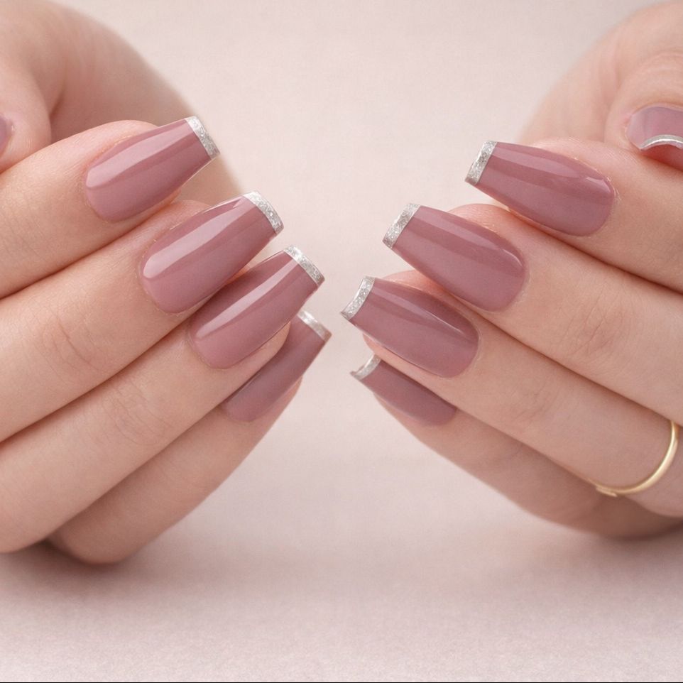 Silver Glitter French Tips Visual Idea — Short Winter Square Nails