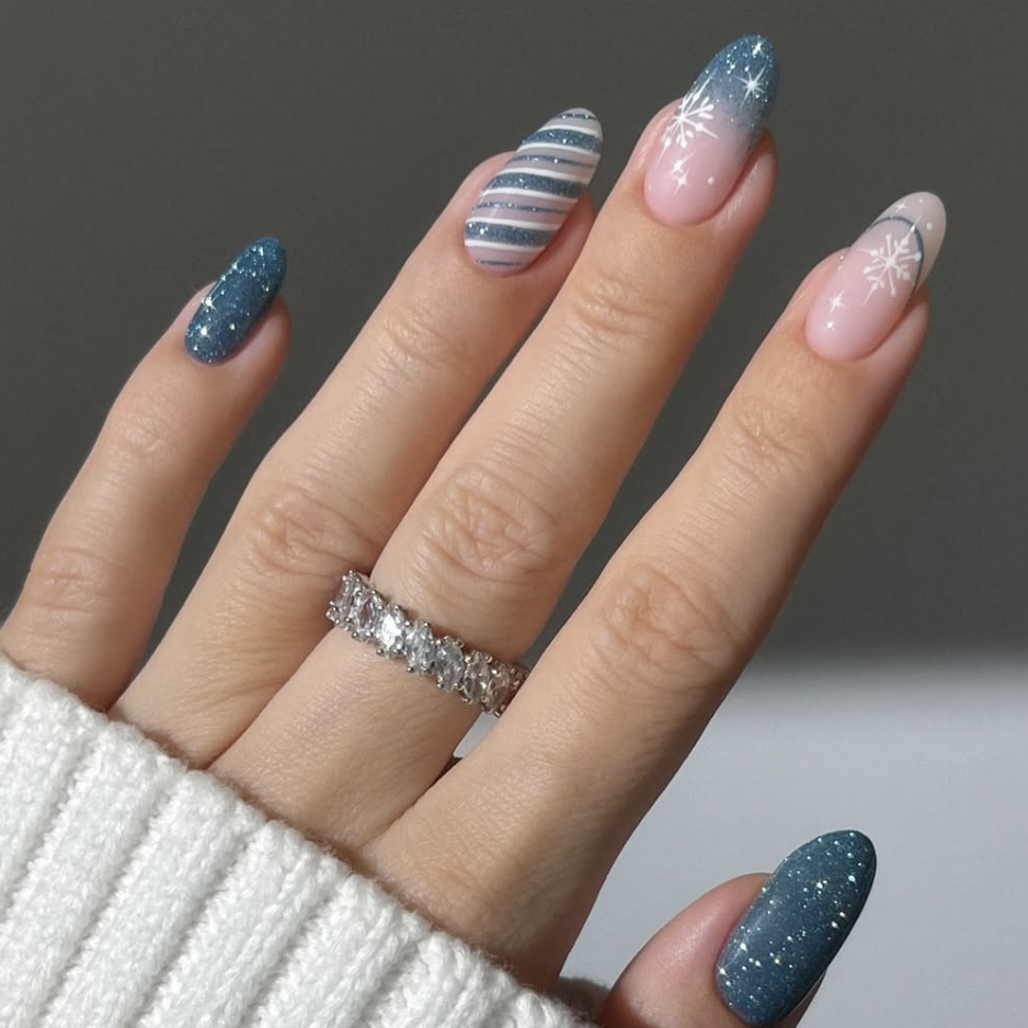 Pink to Blue Gradient Snowflake Oval Nails Pink to Blue Gradient Snowflake Oval Nails โ Winter Blue Nails