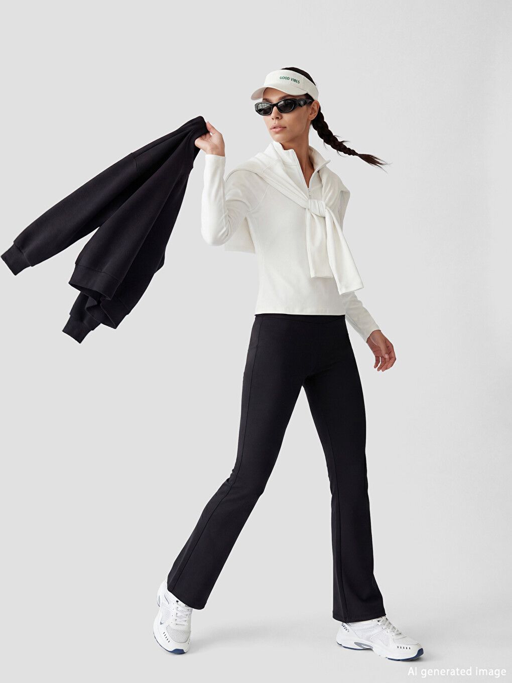 Playful Details: Black Flare Leggings with Bow Top and Visor — Flare Leggings Outfits
