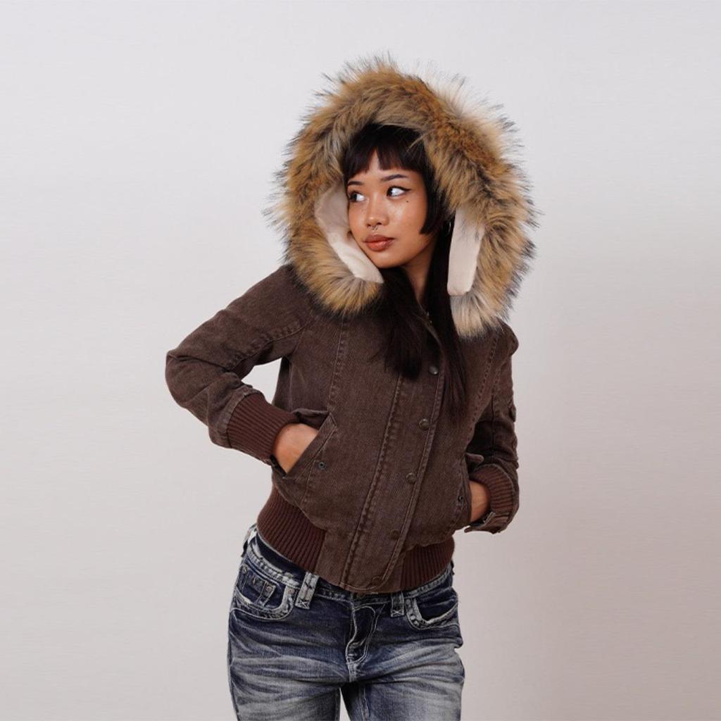 Brown Corduroy Jacket with Fur-Lined Hood Brown Corduroy Jacket with Fur-Lined Hood β Y2K Winter Outfits