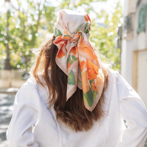 Floral Scarf as a Headscarf with a White Jacket Floral Scarf as a Headscarf with a White Jacket β Scarf Outfits
