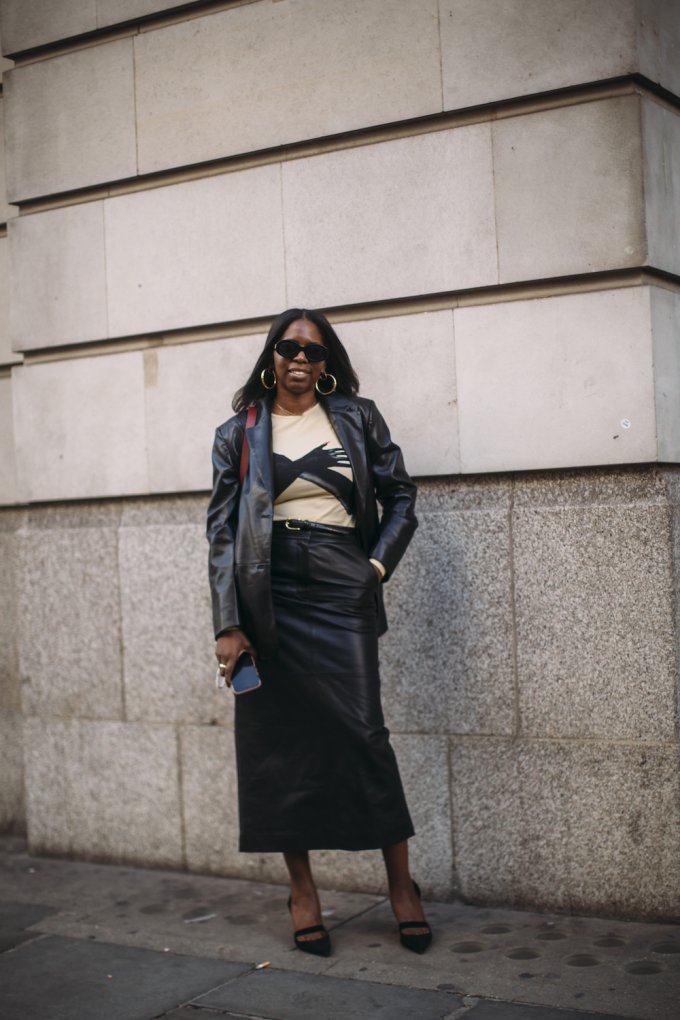 Smart Casual City Style: Graphic Top and Leather Blazer — Leather Skirt Outfits