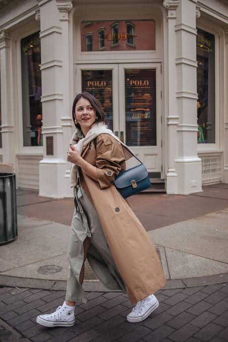 Beige Trench Coat with Grey Trousers and Scarf Beige Trench Coat with Grey Trousers and Scarf β Winter to Spring Transition Outfits