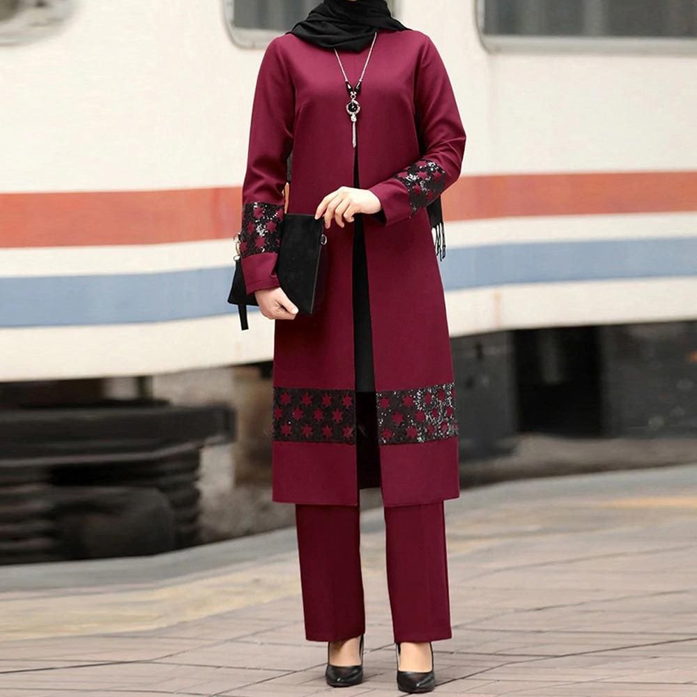 Burgundy Longline Jacket with Sequin and Lace Panels for Modest Formality Burgundy Longline Jacket with Sequin and Lace Panels for Modest Formality β Burgundy Outfits