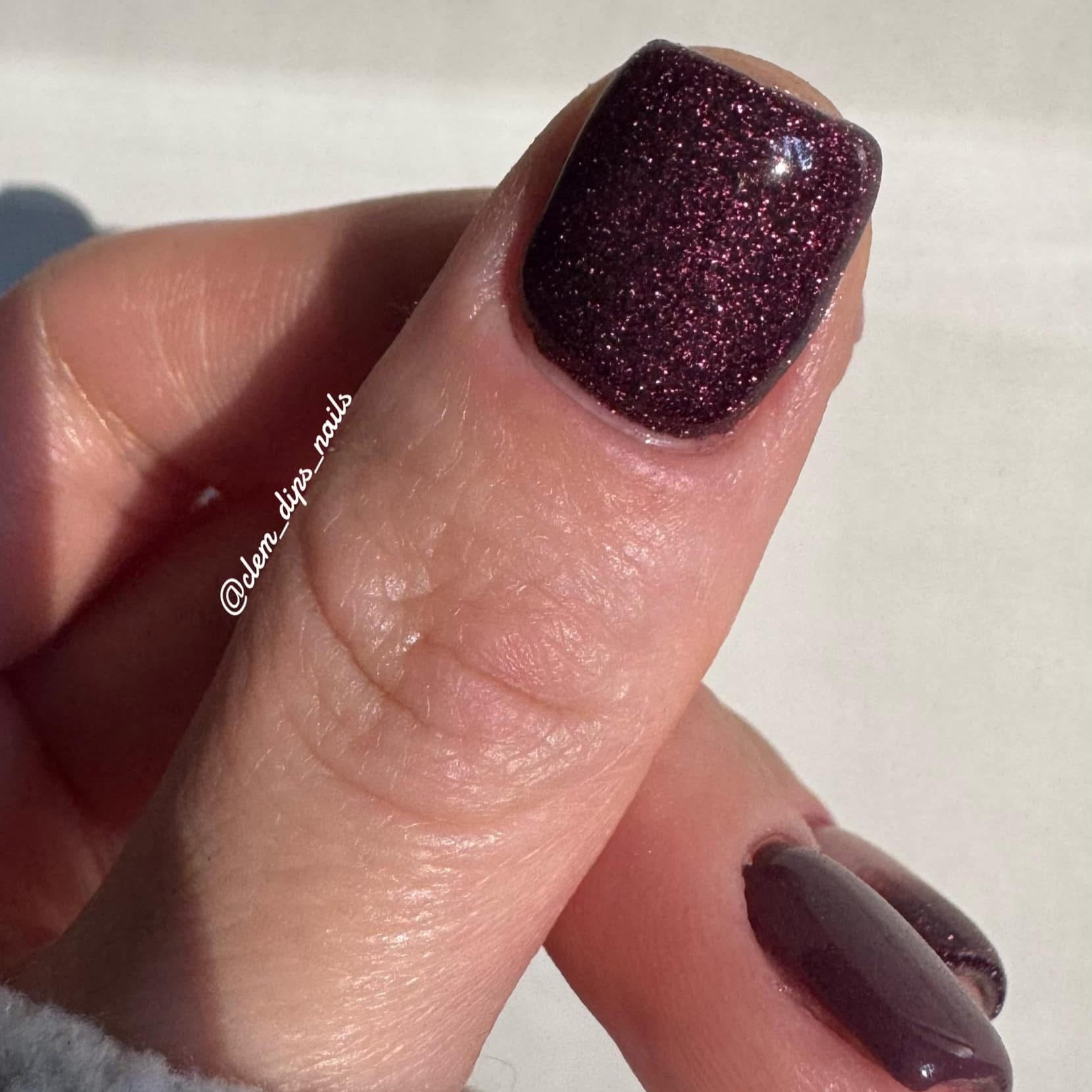 Plum Glitter Accent Nail Close-Up — Winter Dip Powder Nails