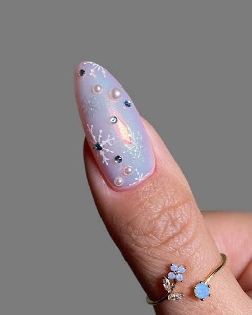Shimmering Blue Snowflake Pearl Almond Nails — Pastel Winter Nails