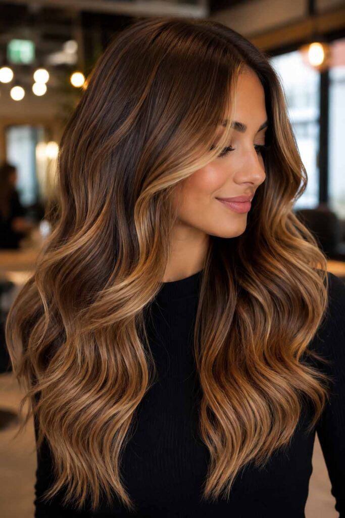 Caramel Balayage On Thick Collarbone Waves — Cinnamon Brown Hair