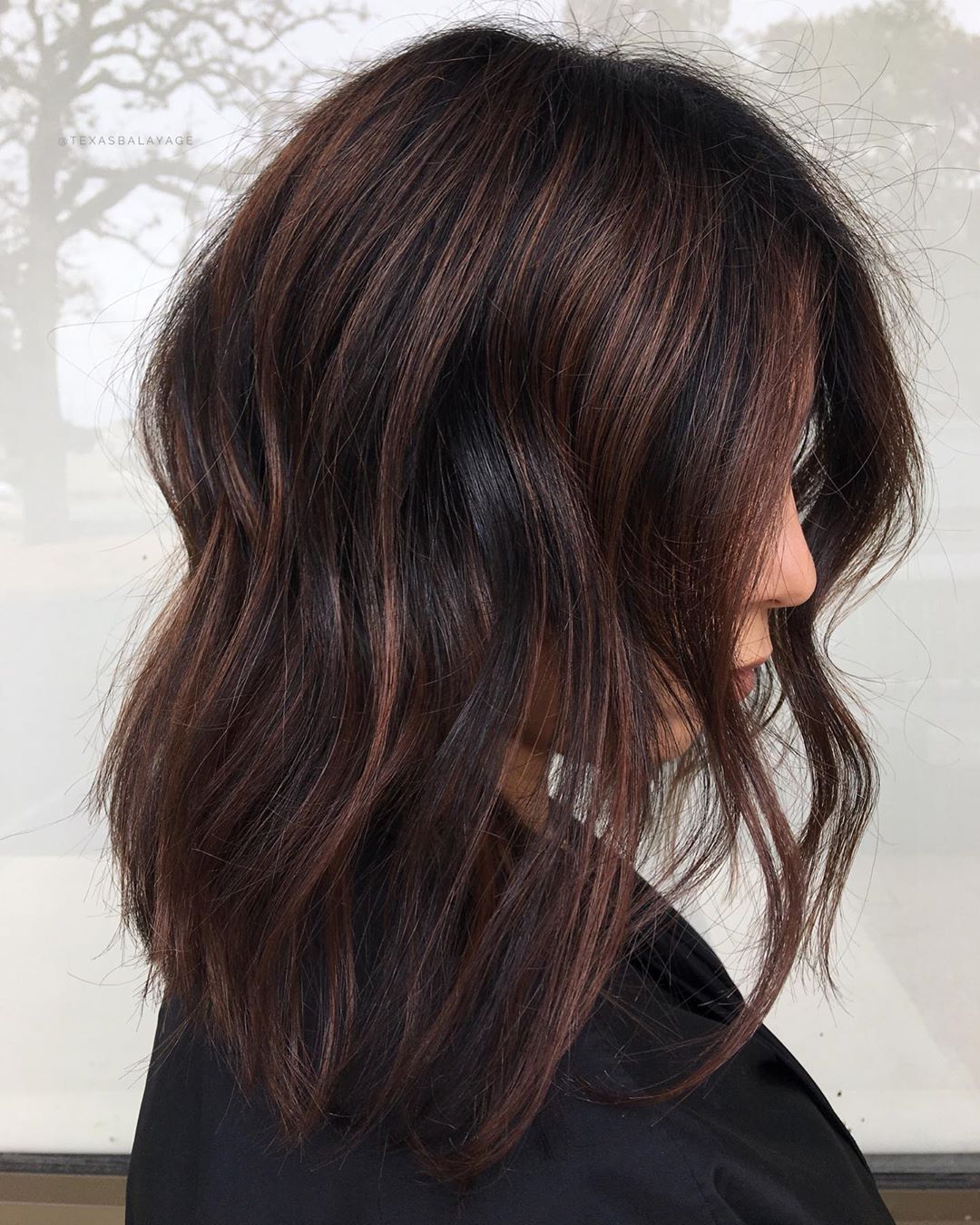 Espresso Lob With Mahogany Highlights Espresso Lob With Mahogany Highlights β Winter Brown Hair Colors