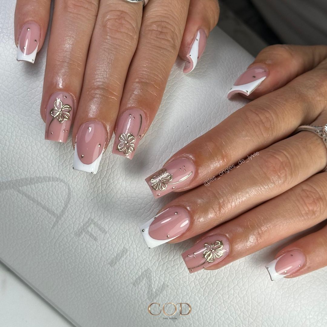 Pale Pink Base White Tips Gold Accents Visual Idea Pale Pink Base White Tips Gold Accents Visual Idea β Winter Wedding Guest Nails