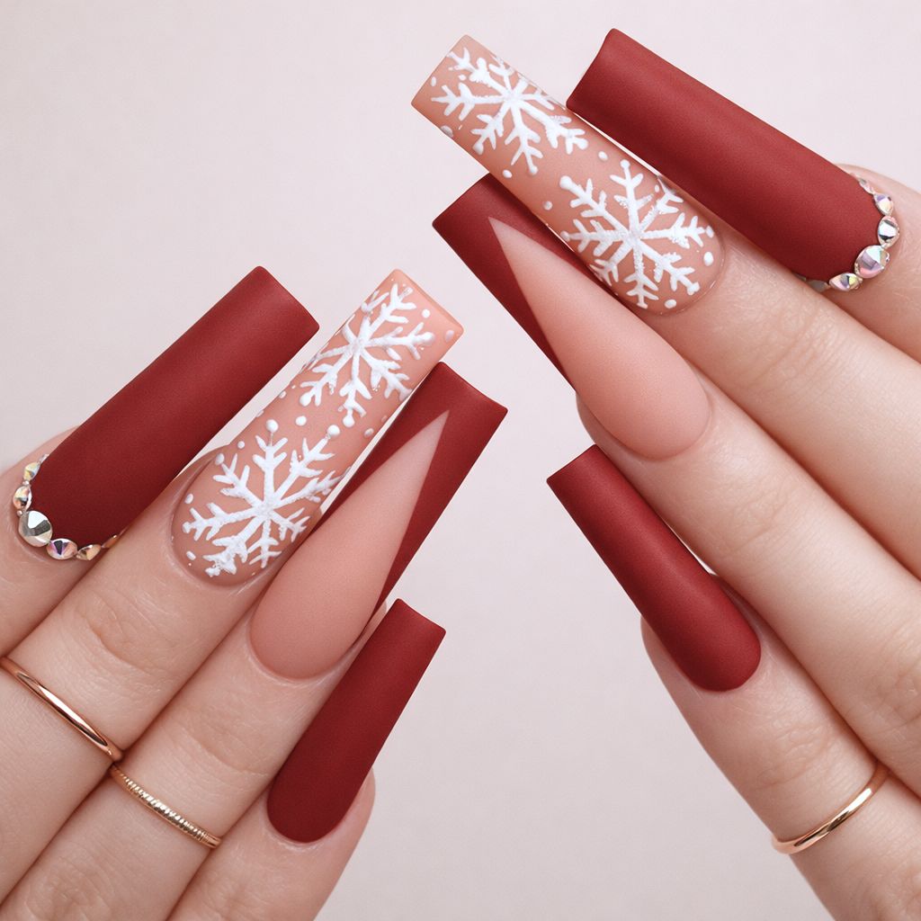 Matte Red Nude Snowflake Rhinestone Coffin Nails Matte Red Nude Snowflake Rhinestone Coffin Nails β New Years Coffin Nails 2027