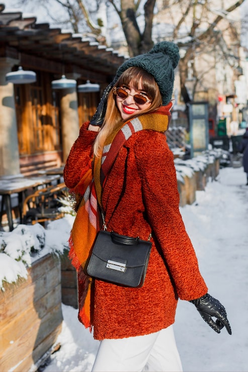 Rust Textured Coat with Plaid Scarf — Cute Winter Outfits