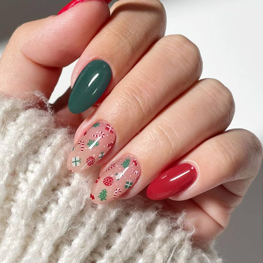 Christmas Motif Mixed Media Ovals — Red and Green Christmas Nails 2026