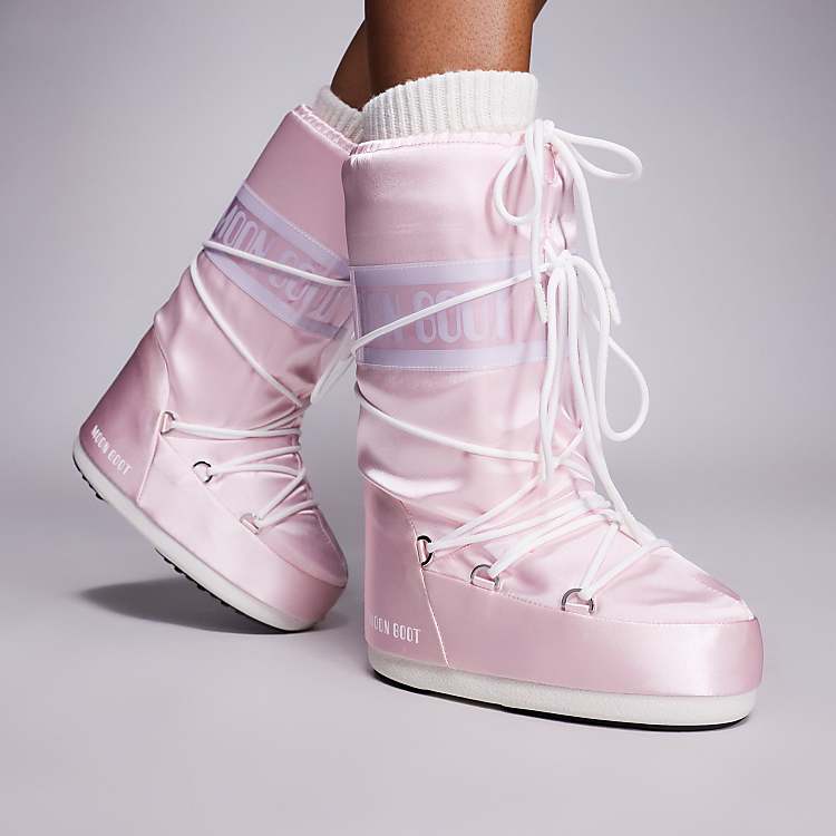 Feminine Touch: Pale Pink Satin Moon Boots — Moon Boots Outfits
