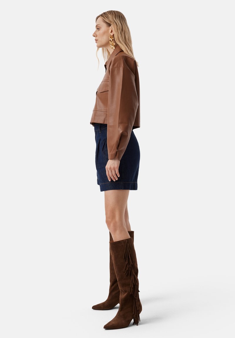 Fringed Dark Brown Suede Boots with Denim Shorts and Leather Jacket — Brown Boots Outfits
