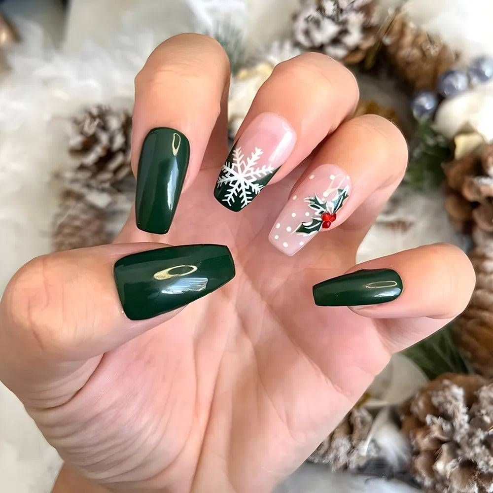 Snowflake Holly Polka Dot Coffin Nails Snowflake Holly Polka Dot Coffin Nails β Green Christmas Nails 2026
